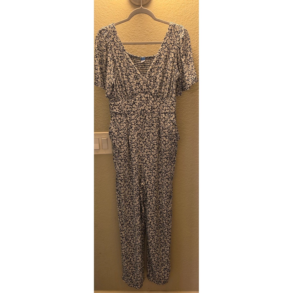 Old Navy Womens Blue Ditsy Floral Puff Sleeve Jumpsuit V-Neck Smocked Back‎ Med